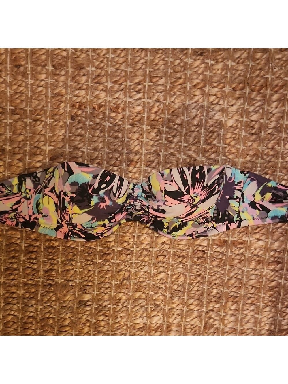 Victoria's Secret Pink and Yellow Strapless Tropical Padded Bikini Top
